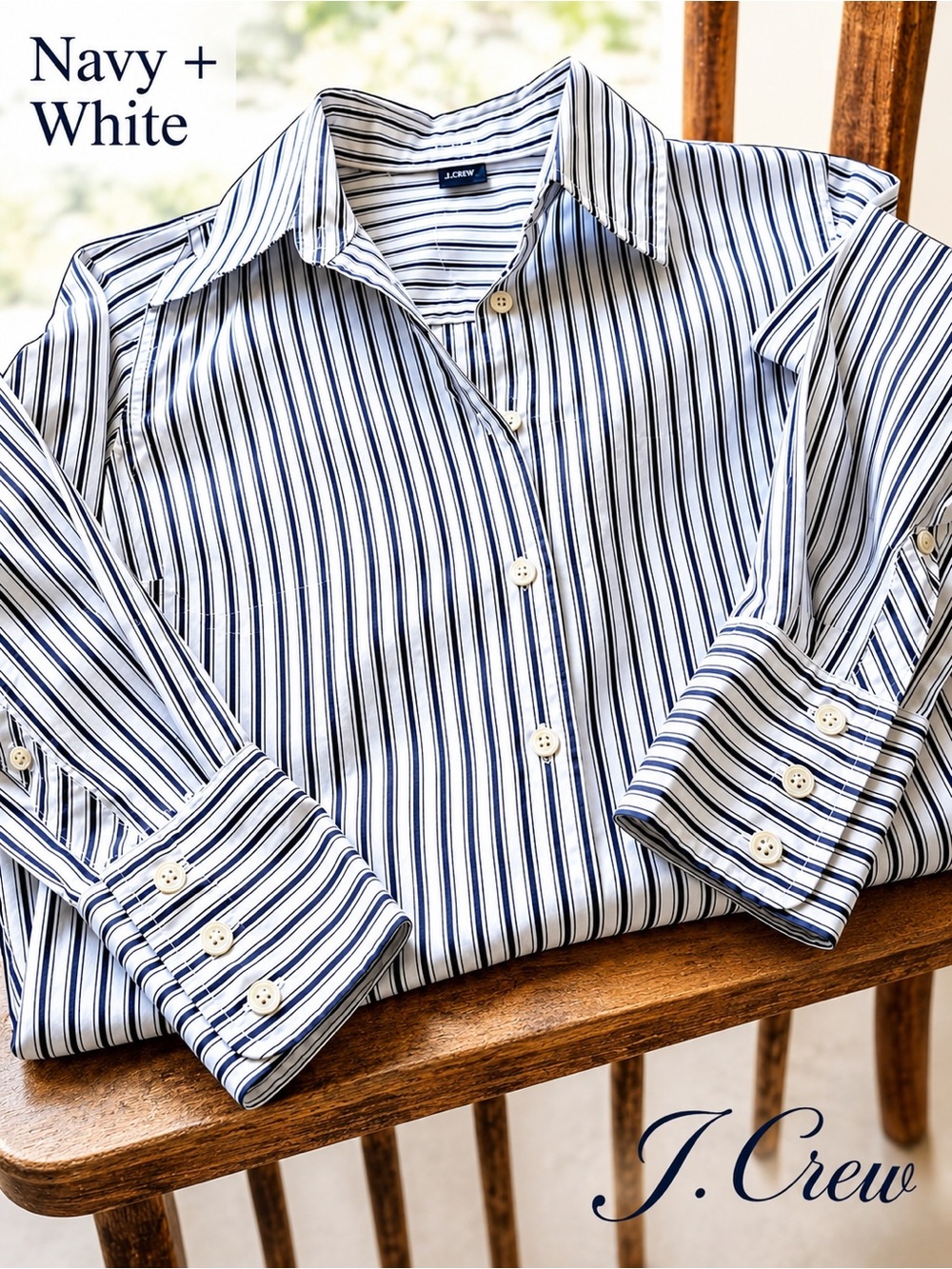 Like New 🌸 J Crew Navy and White Striped Button-Down Shirt Slim Fit, Kathryn Cut - Picture 7 of 16
